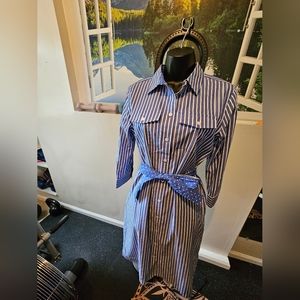 Jones New York Blue and White Striped Shirt Dress - Small